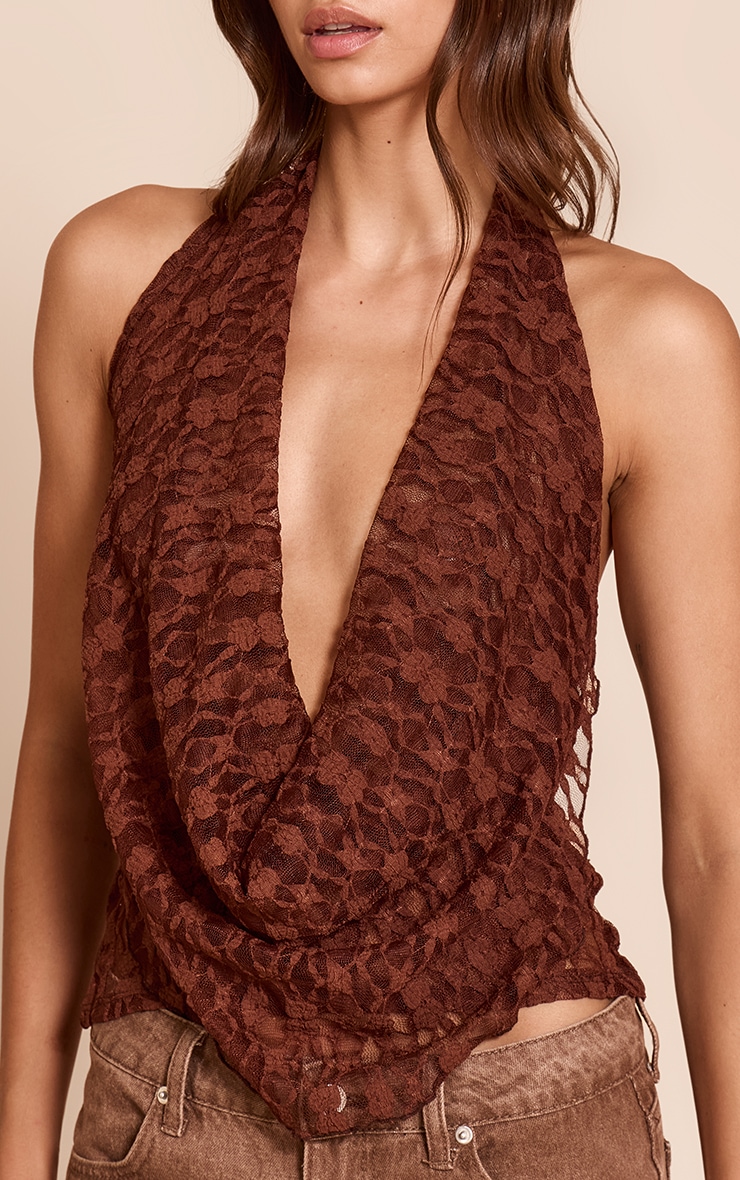 Chocolate Textured Lace Halter Neck Top image 4