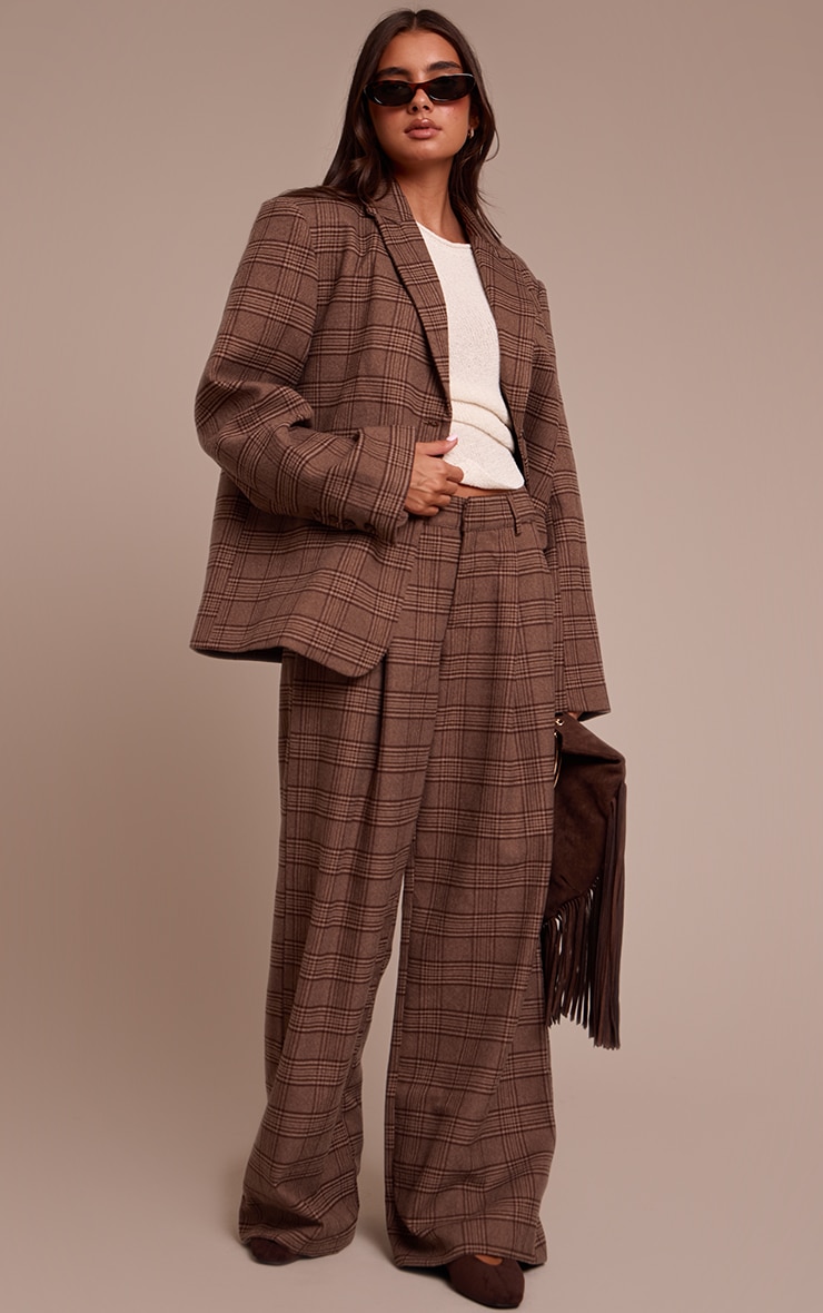 Brown Premium Woven Twill Checked Oversized Blazer image 3
