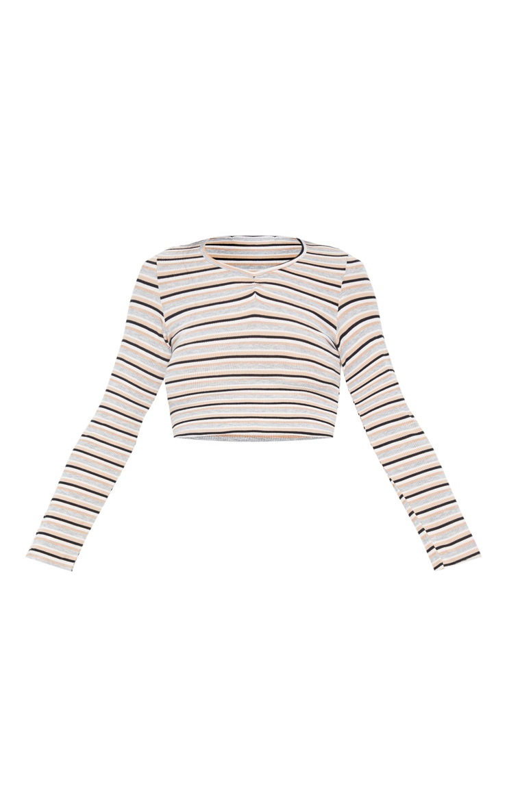 Pink Stripe Rib Scoop Neck Long Sleeve Crop Top image 3