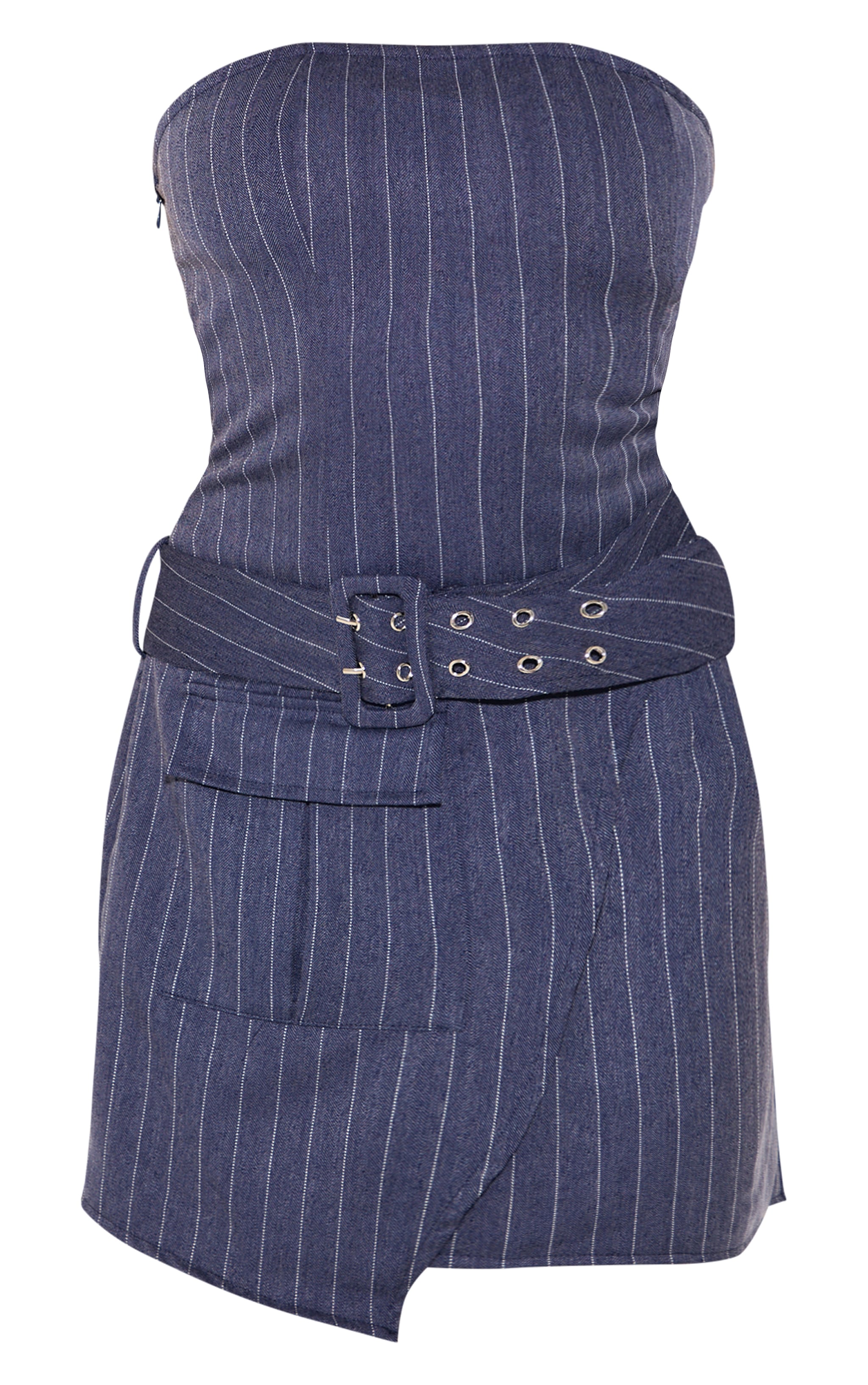 Navy Pinstripe Bandeau Belted Pocket Detail Shift Dress image 5
