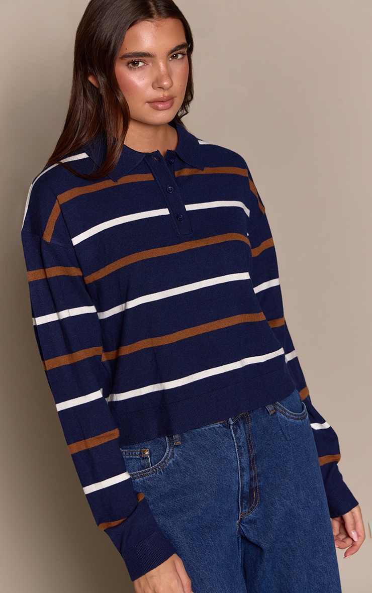 Navy Stripe Polo Knit Long Sleeve Rugby Top  image 4