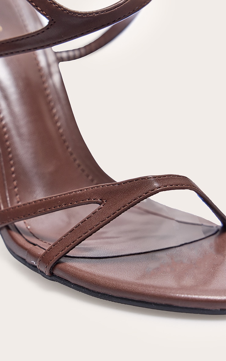 Chocolate PU Round Toe Asymmetric Strap High Stiletto Heeled Sandals image 4