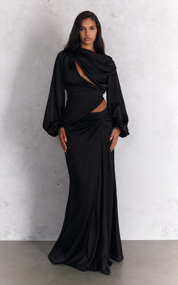 Black Satin Cut Out Long Sleeve Blouse image 3