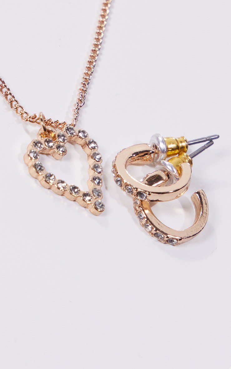 PRETTYLITTLETHING Gold Diamante Heart Earring & Necklce Set image 1
