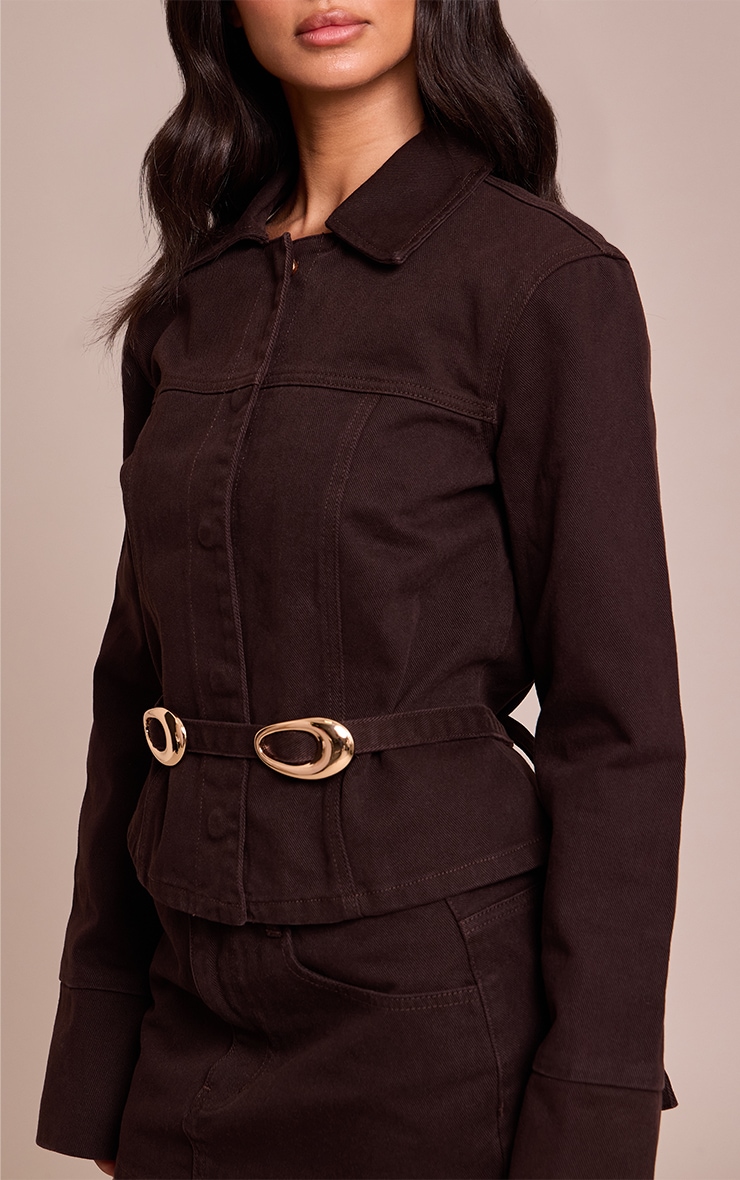 Petite Dark Chocolate Concealed Placket Crop Belted Denim Jacket image 4