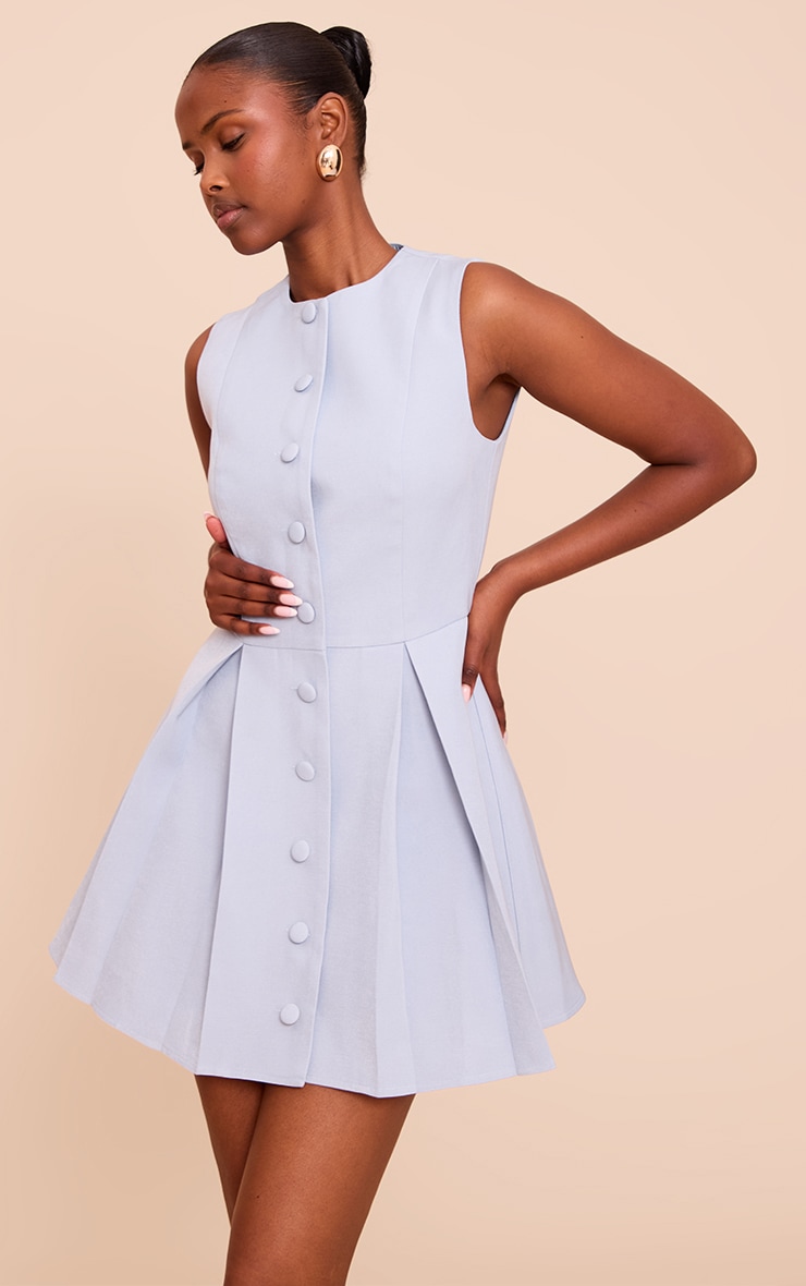 Light Blue Tailored Woven Button Down Pleated Shift Dress image 1