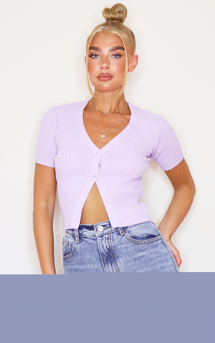 Lilac Button Up Short Sleeve Knitted Cardigan