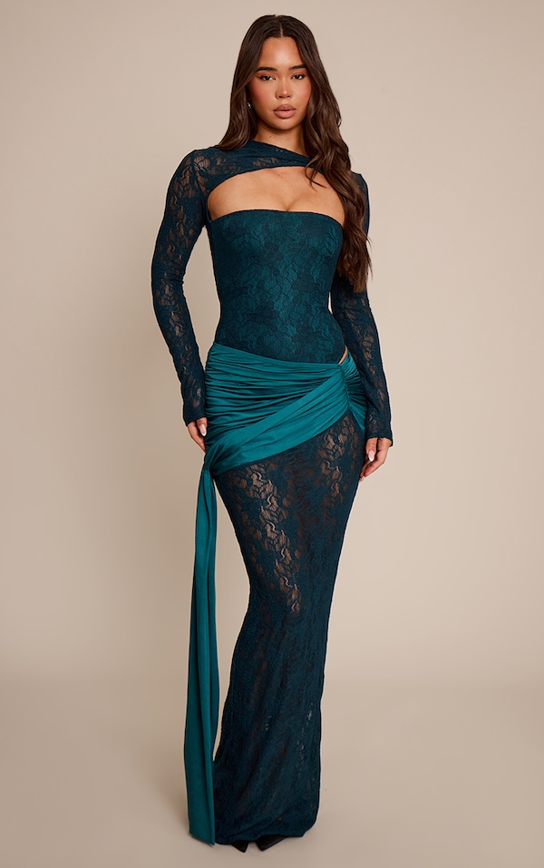 Emerald Green Lace Ruched Wrap Slinky Maxi Skirt