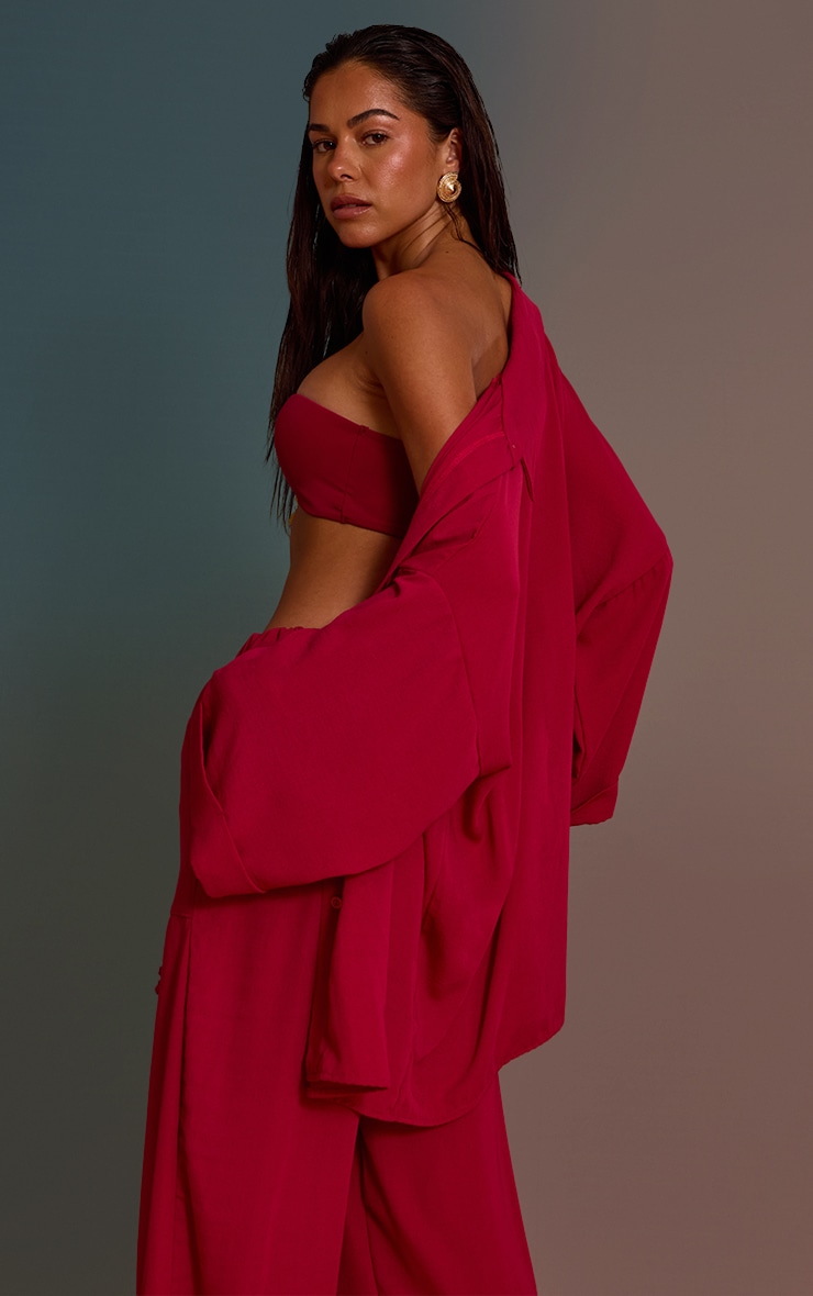 Magenta Linen Look Oversized Drop Shoulder Beach Shirt image 2