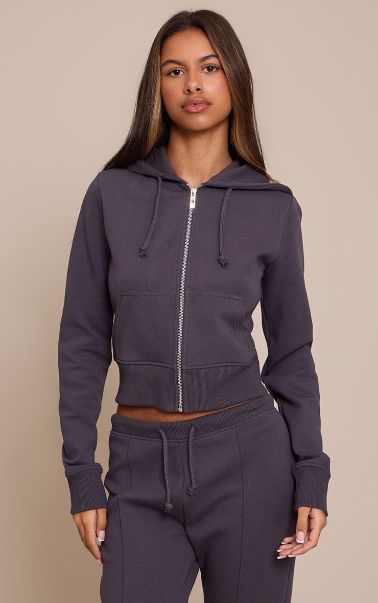 Petite Navy Fitted Zip Up Cropped Hoodie  image 1