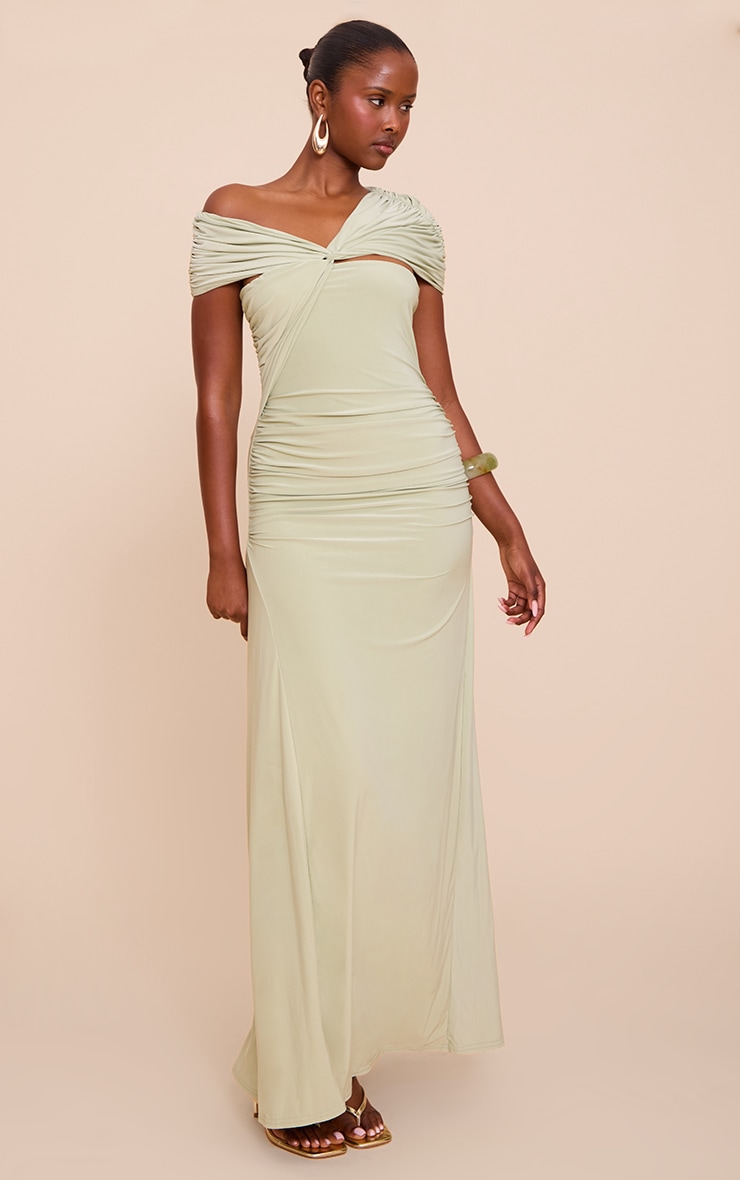 Sage Double Layer Slinky Asymmetric Ruched Maxi Dress image 3