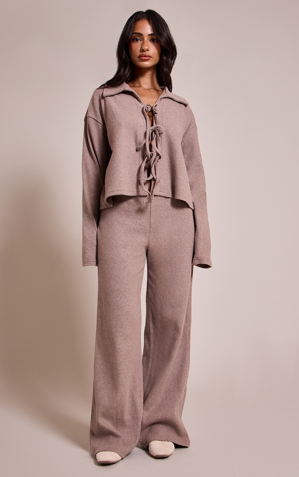 Petite Taupe Brushed Elasticated Waist Wide Leg Pants