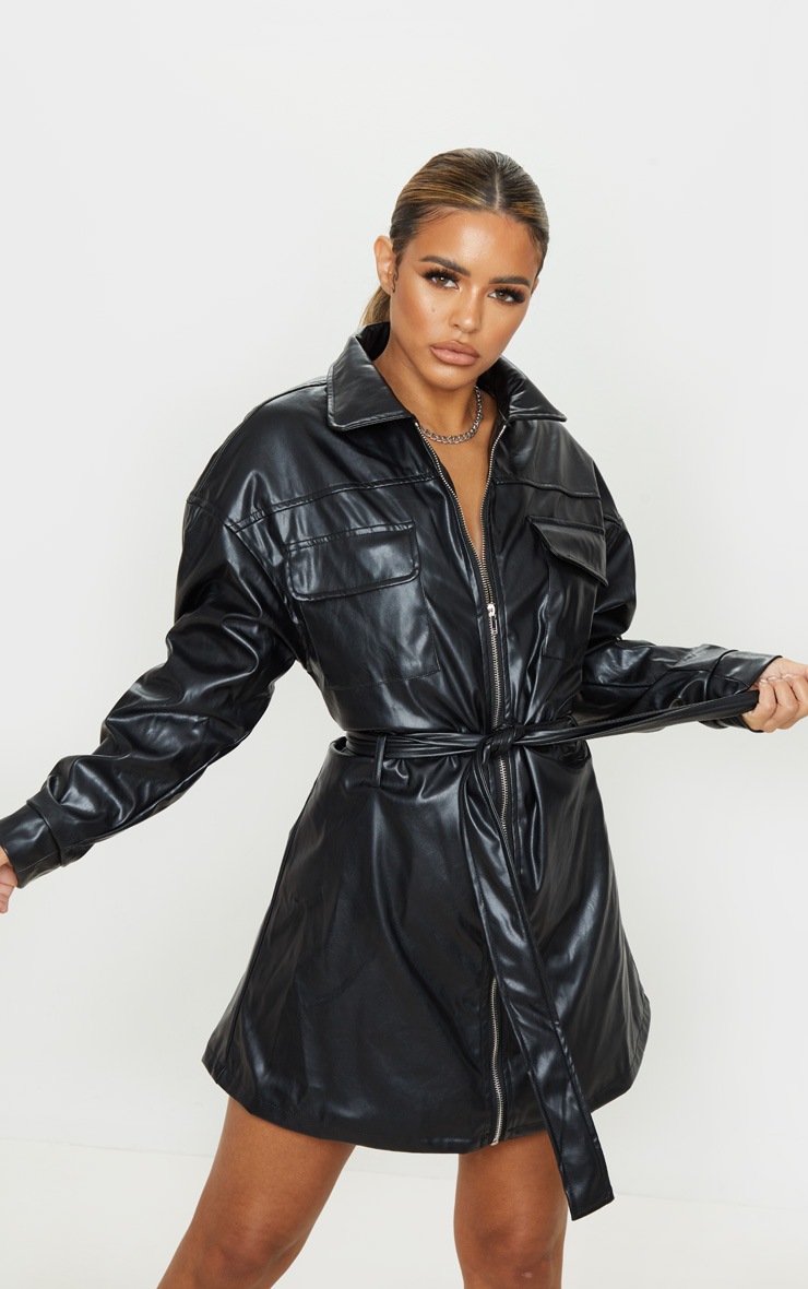 Petite Black Belted PU Jacket Dress