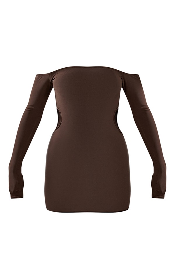 Chocolate Slinky Bardot Side Cut Out Bodycon Dress image 1