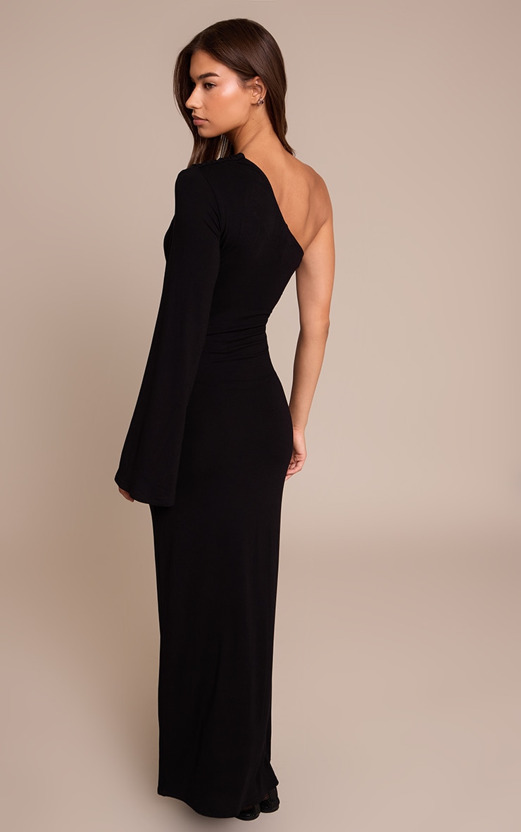 Black Jersey One Shoulder Ruched Detail Maxi Dress image 2