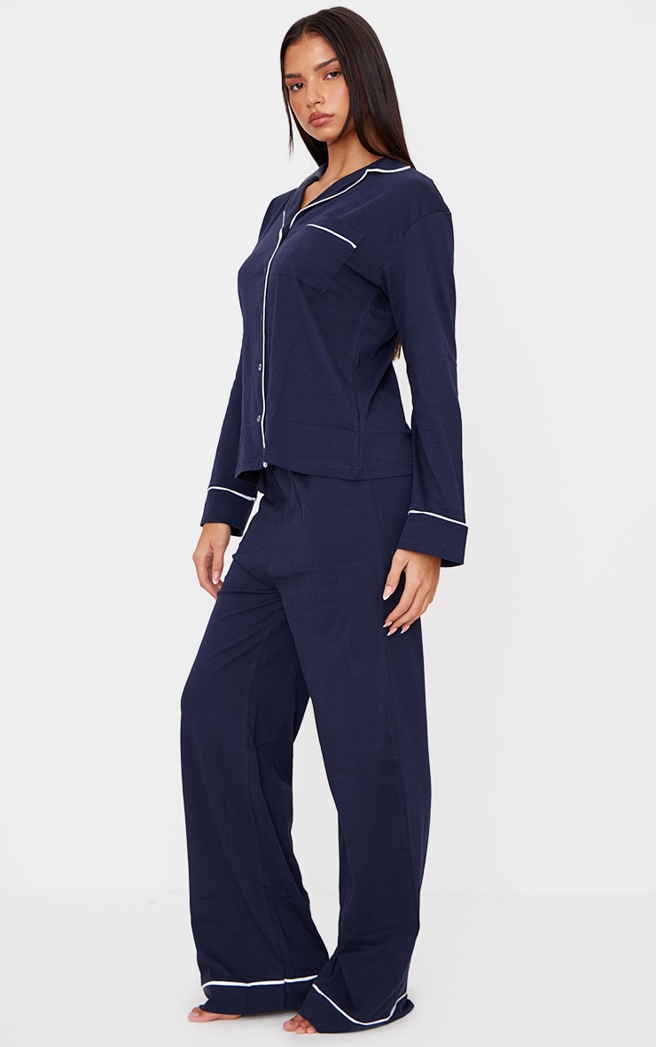 Navy Jersey Piping Detail Long PJ Set image 3