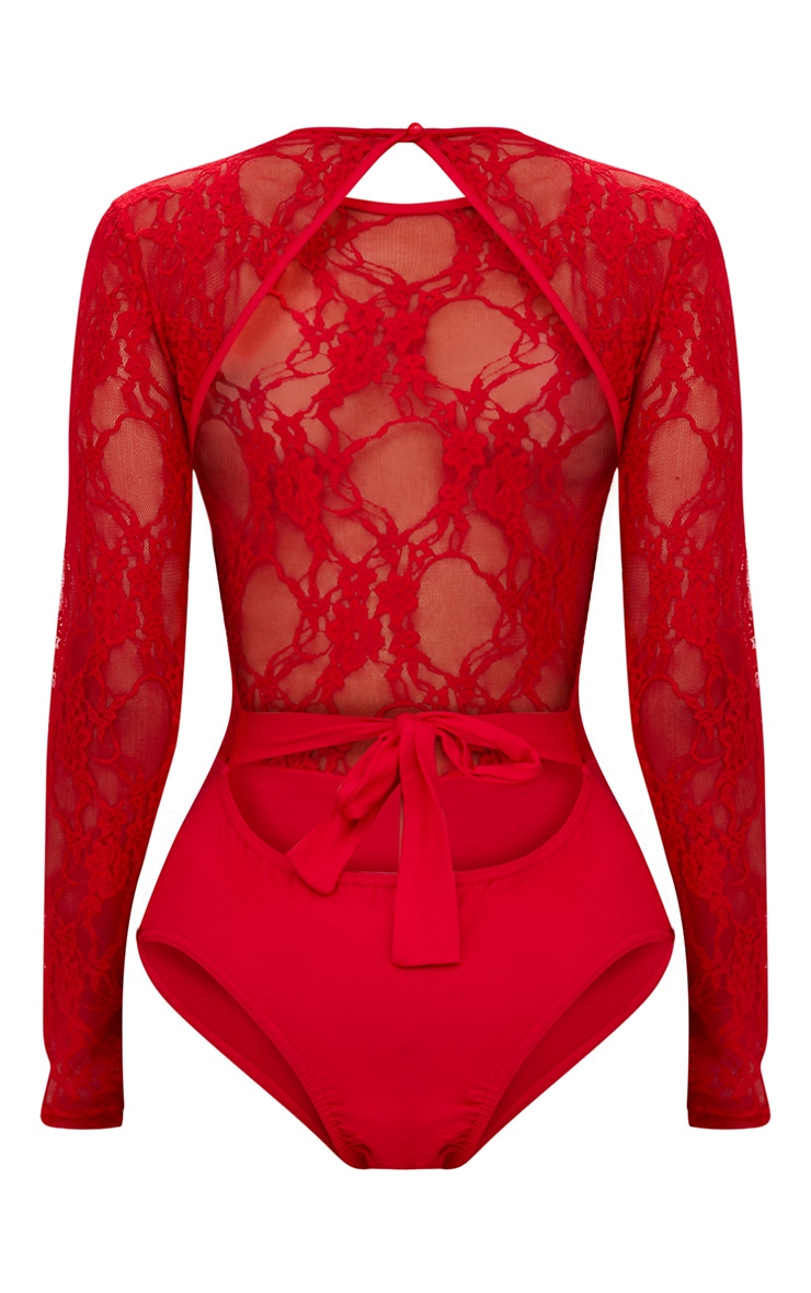 Red Sheer Lace Open Back Thong Bodysuit PrettyLittleThing