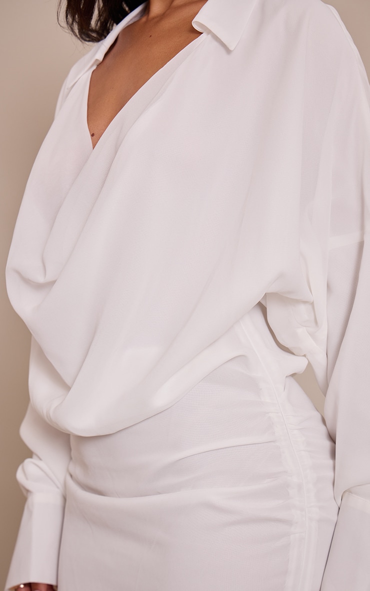 Petite White Chiffon Cowl Neck Collared Dress image 4