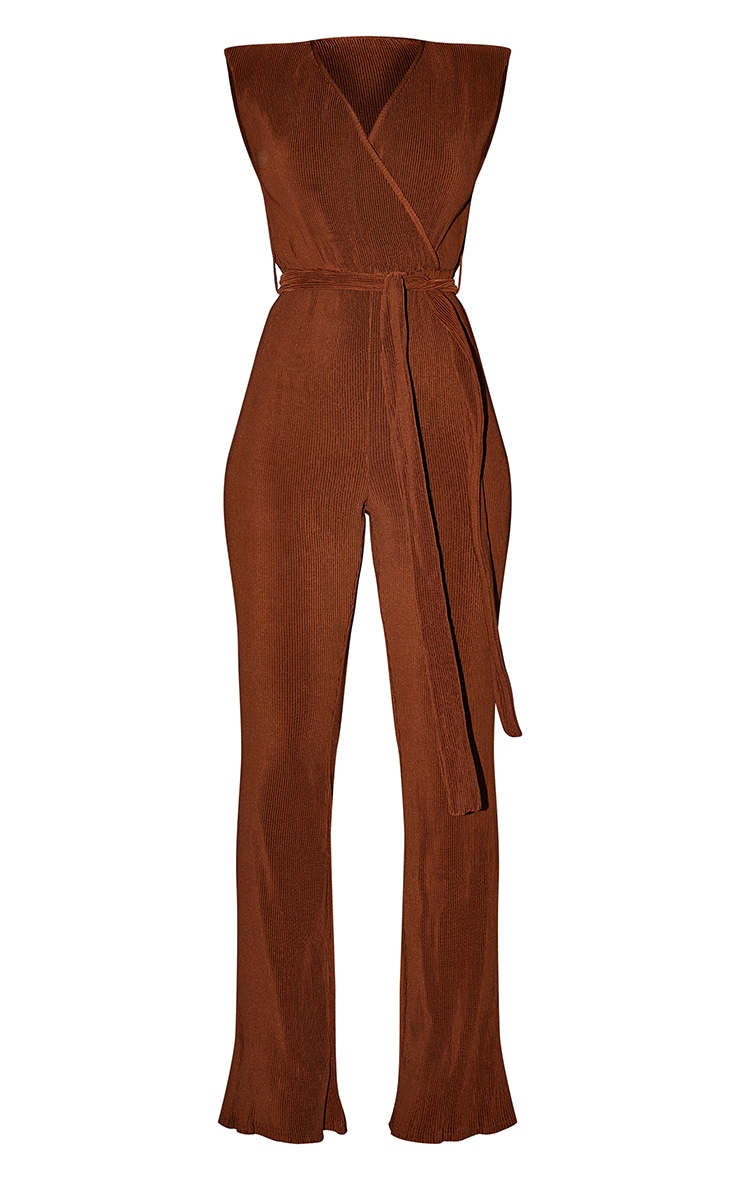 Chocolate Pleated Shoulder Pad Flared Leg Jumpsuit image 3