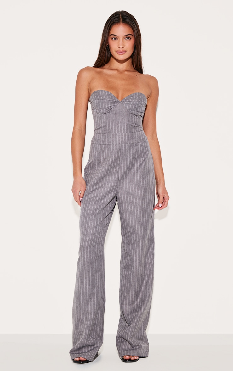 Grey Pinstripe Bandeau Corset Straight Leg Jumpsuit image 1