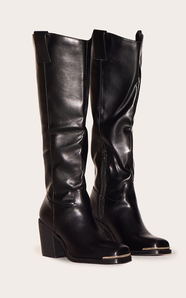 Black PU Square Toe Knee High Block Heeled Western Boots image 2