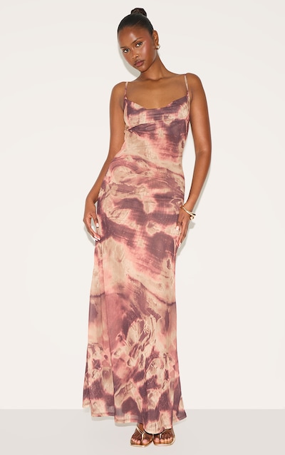 Robe longue violette imprimé abstrait à col bénitier