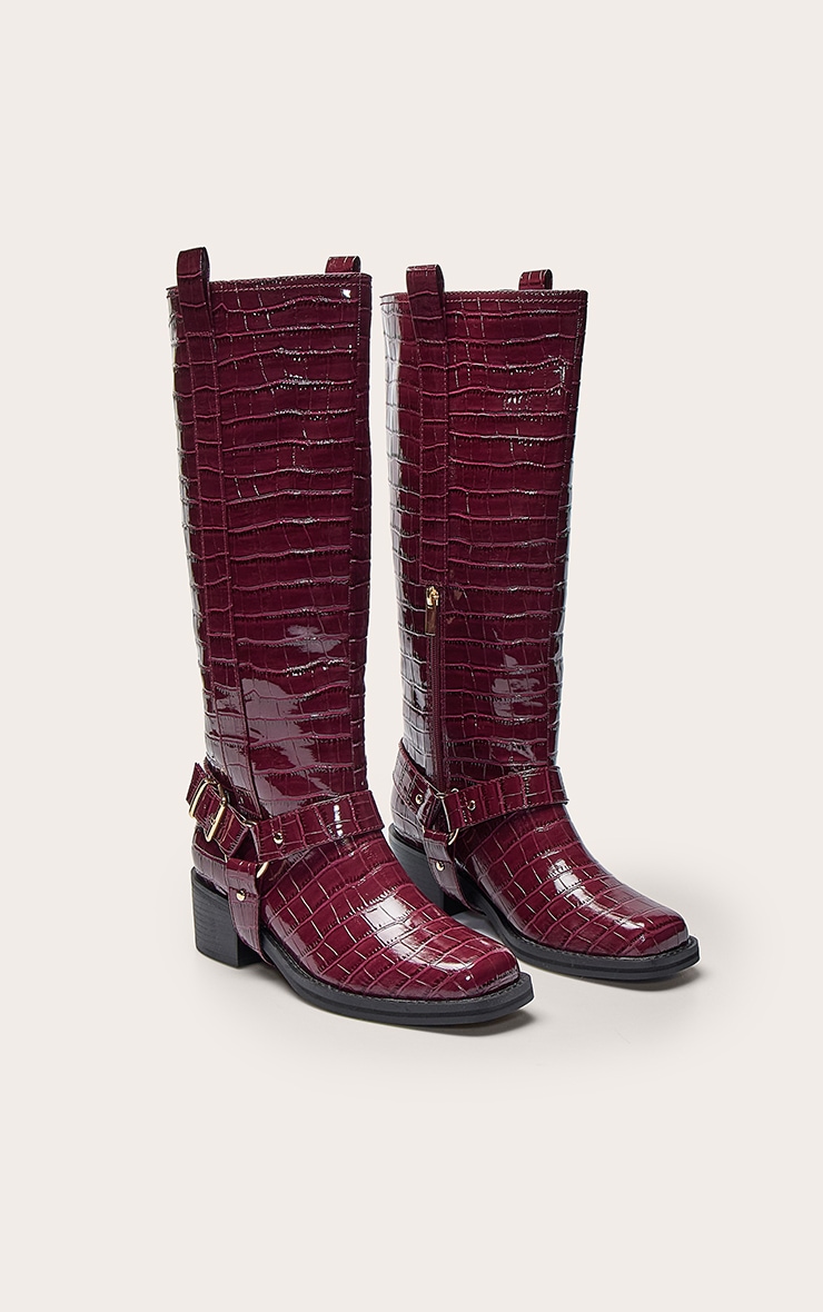 Burgundy Croc Patent Buckle Detail Knee High Boots image 3