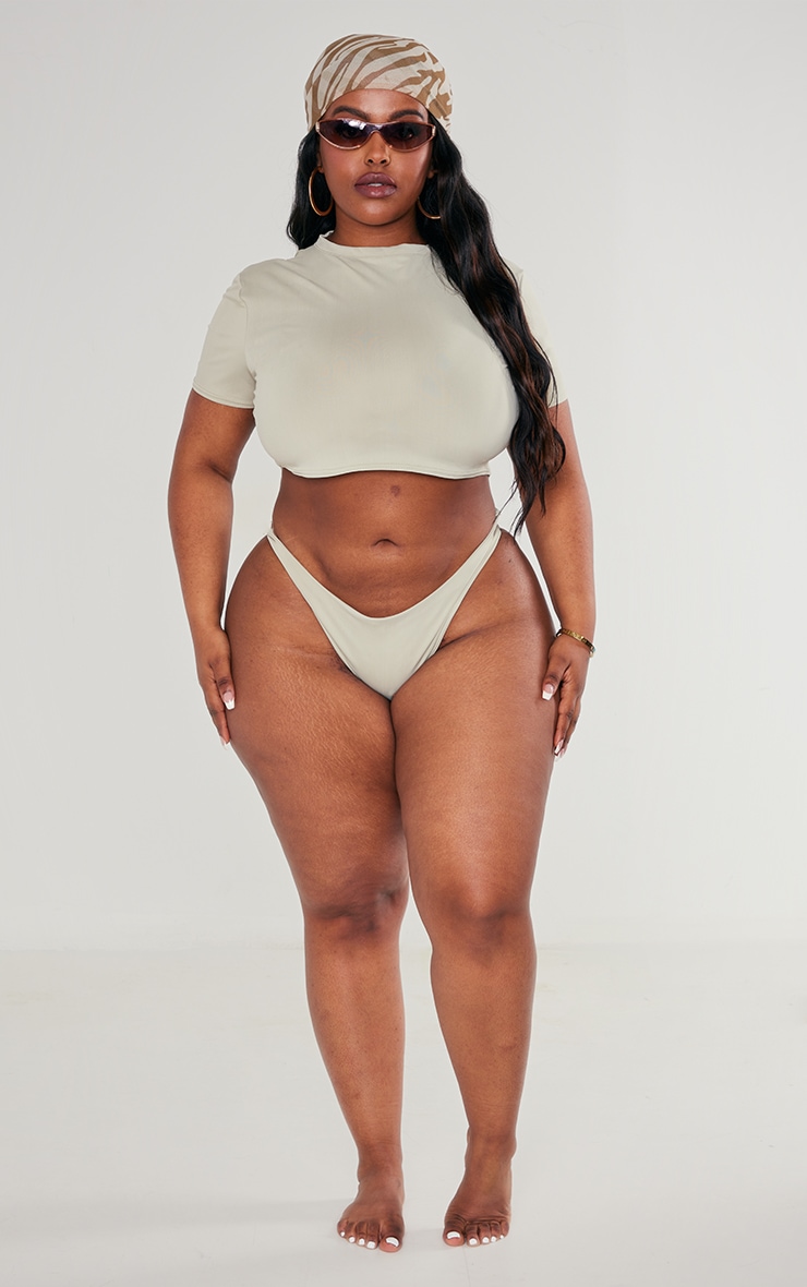 Plus Moss Grey Short Sleeve Crew Neck Bikini Top image 3