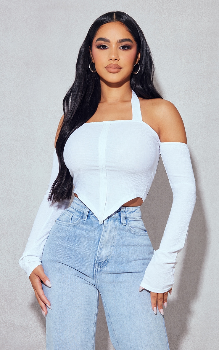 Petite White Crinkle Pointed Hem Crop Top