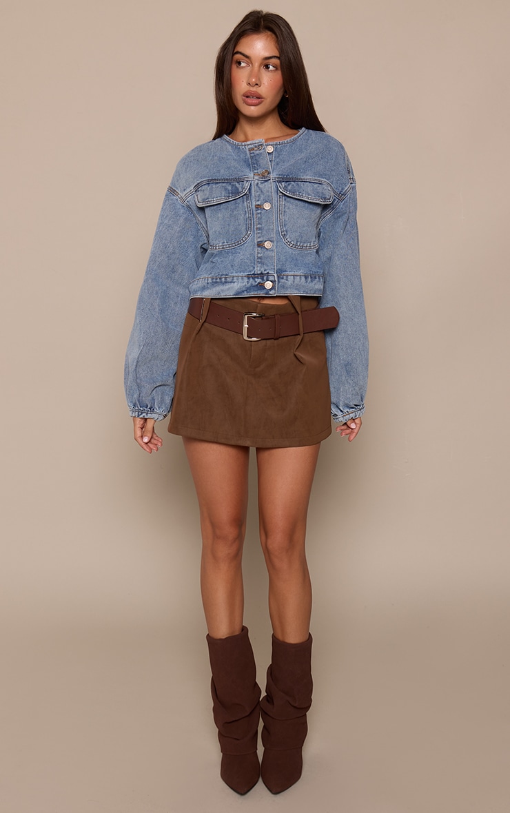  Mid Blue Wash Round Neck Crop Denim Jacket image 3