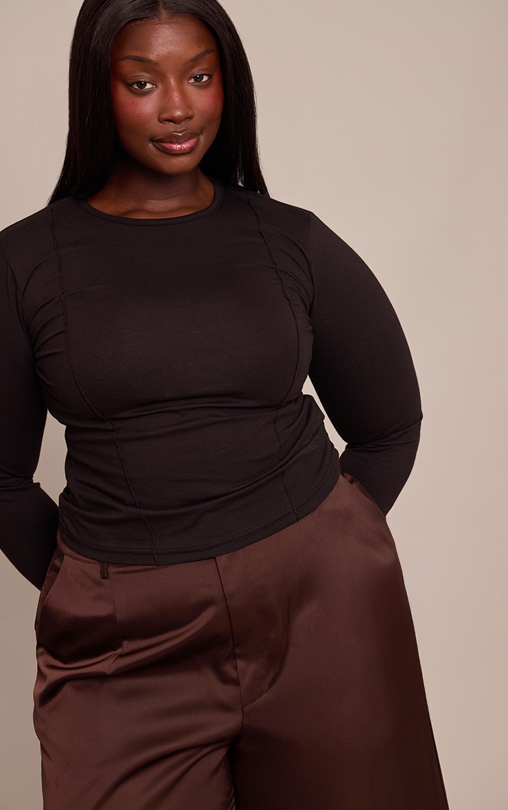 Plus Black Cotton Seam Detail Long Sleeve Top  image 4