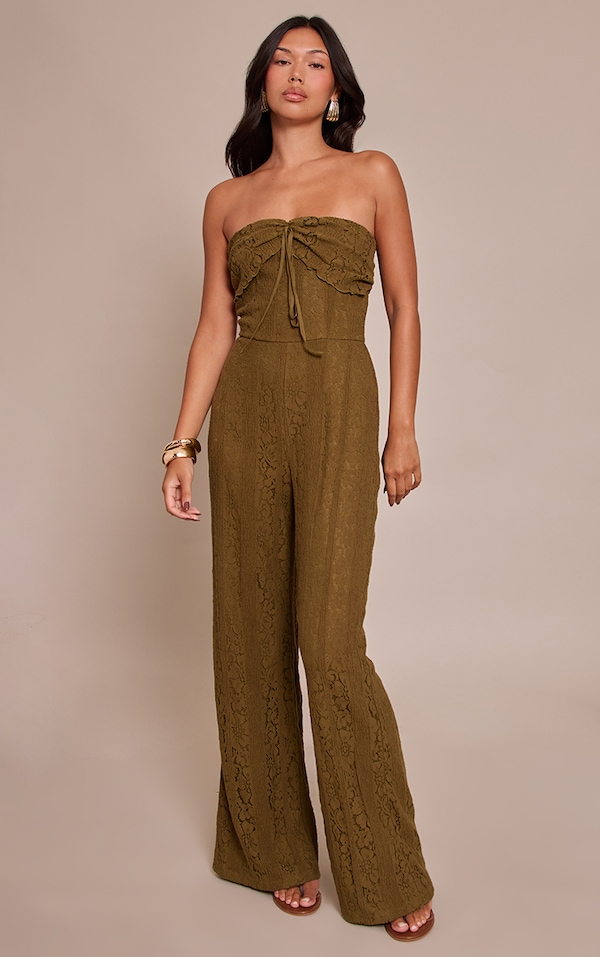 Khaki Lace Fold Over Straight Leg Jumpsuit