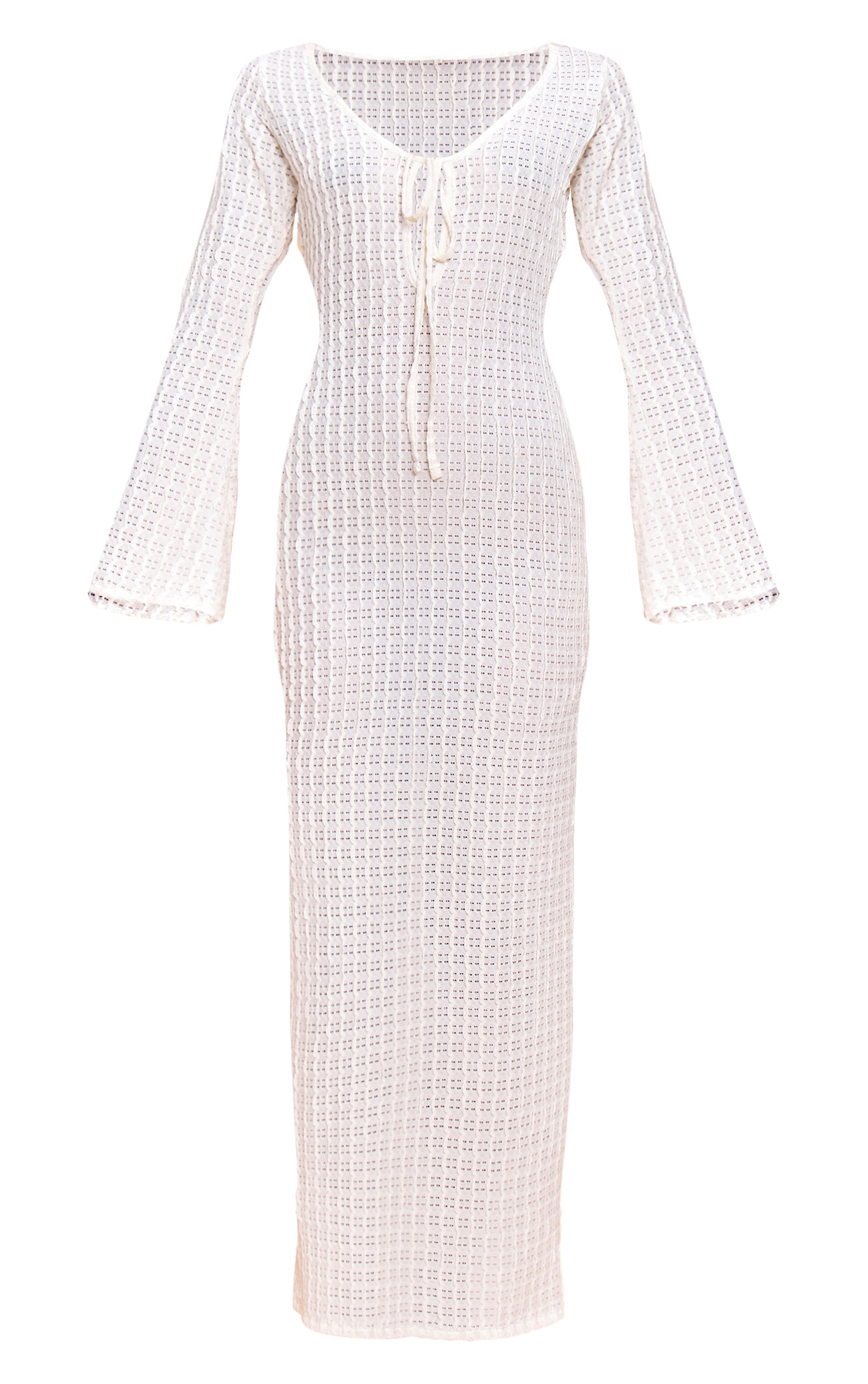 Robe moulante texturée crème à manches longues et découpe goutte d'eau nouée image 5
