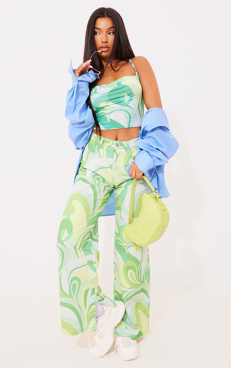 Green Geometric Print Split Hem Jeans image 1