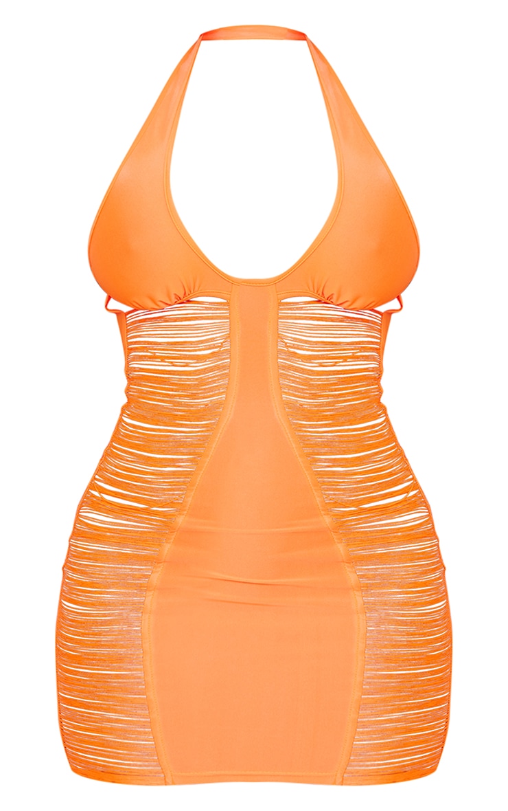 Shape Bright Orange Fringe Panel Halterneck Bodycon Dress image 5