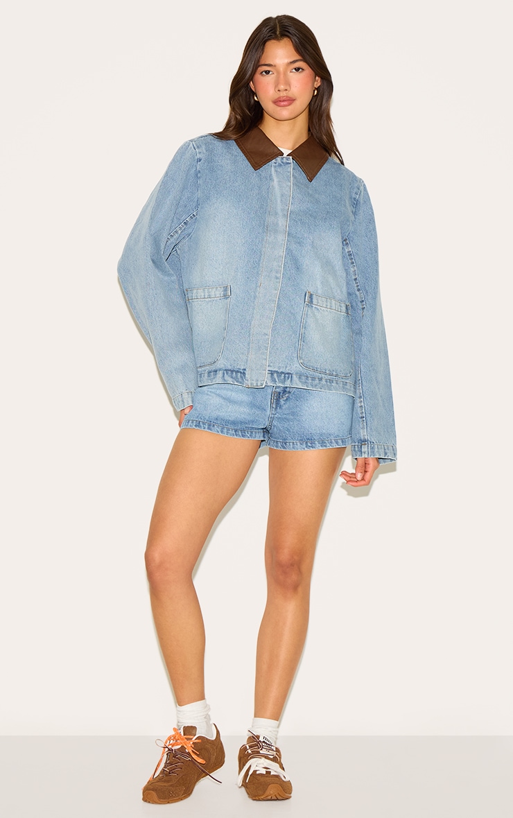 Veste en jean bleu clair vintage à col replié marron image 3