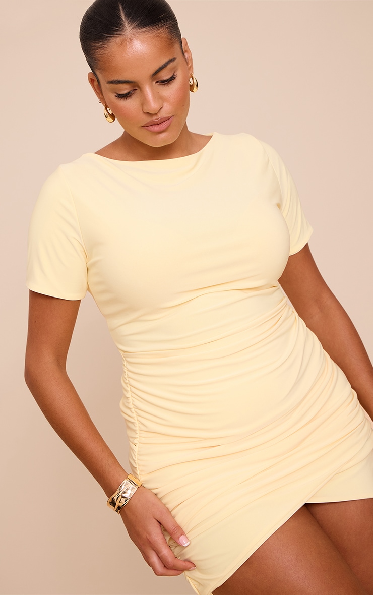Plus Butter Yellow Ruched Waist Detail Mini Dress