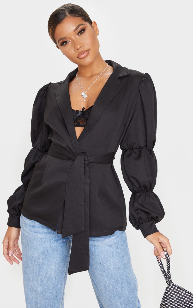 Black Woven Tie Side Bubble Sleeve Blazer