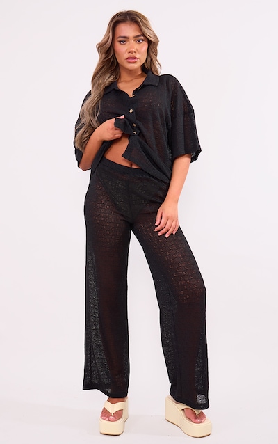 Black Textured Wide Leg Pants