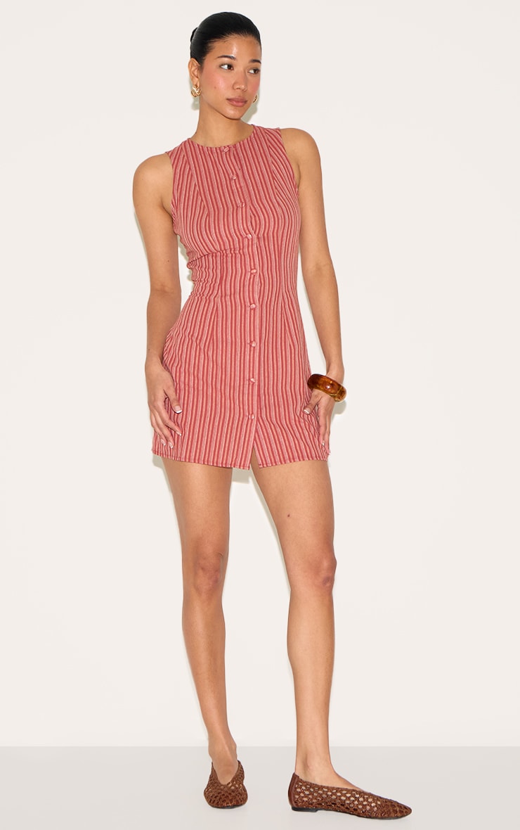 Red Pinstripe Button Down Shift Dress image 3