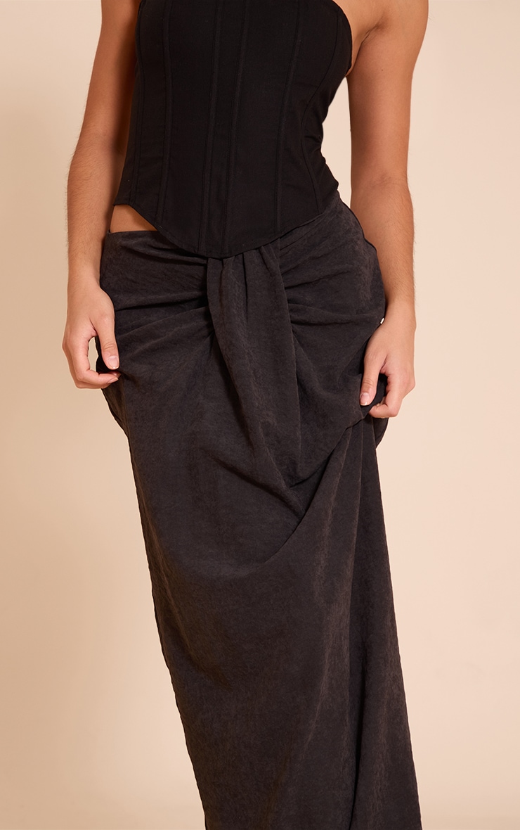 Black Peachskin Drape Front Maxi Skirt image 4