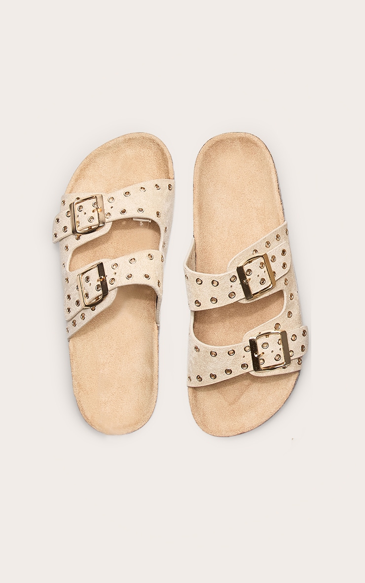 Beige Faux Suede Double Buckle Eyelet Footbed Sandals image 5