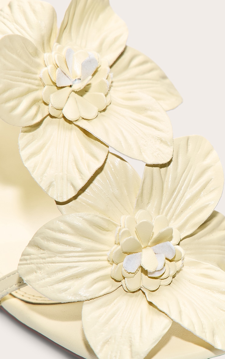 Butter Yellow Pu Square Toe Multi Flower Detail Mid Stiletto Heeled Mules image 5