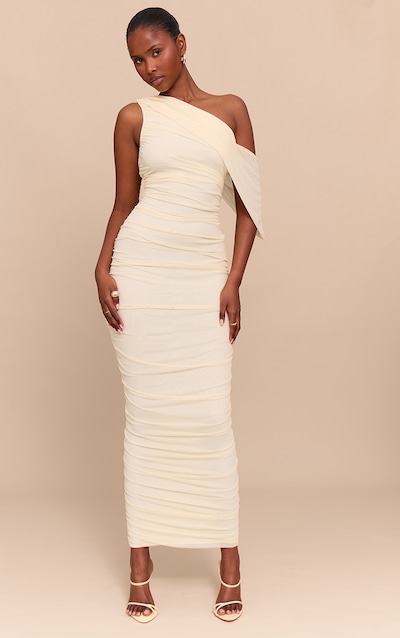 Almond Mesh Overlay One Shoulder Ruched Maxi Dress