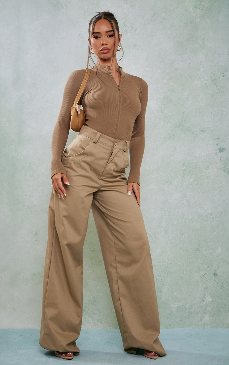 Toffee Snatched Rib Zip Up Long Sleeve Bodysuit image 3