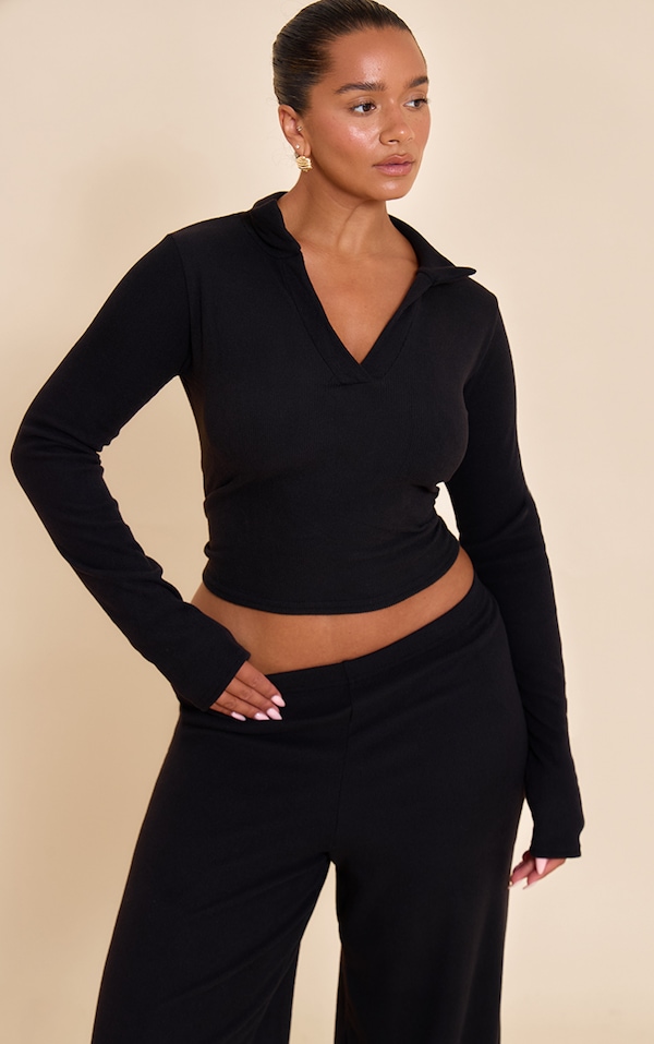 Shape Black Micro Rib Long Sleeve Polo Top