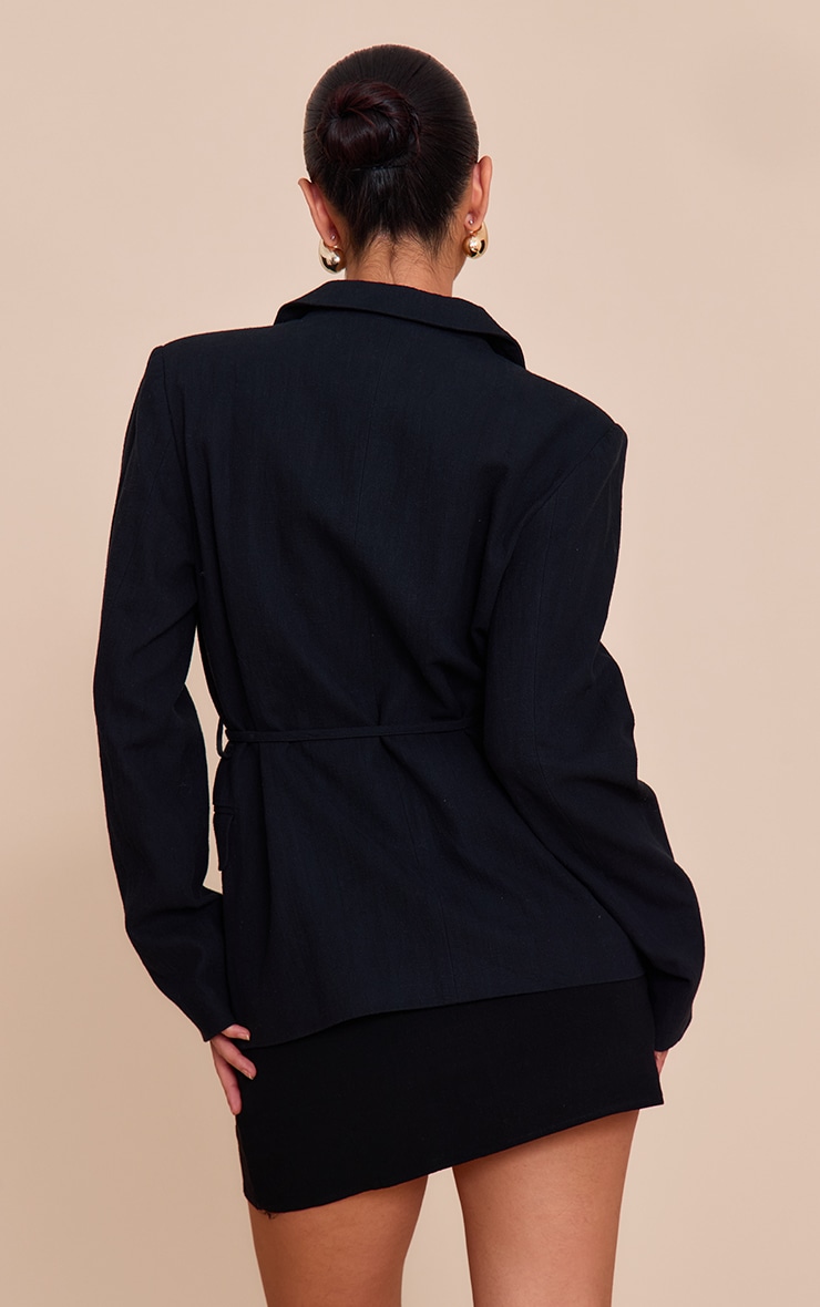Black Linen Look Tie Waist Blazer image 2