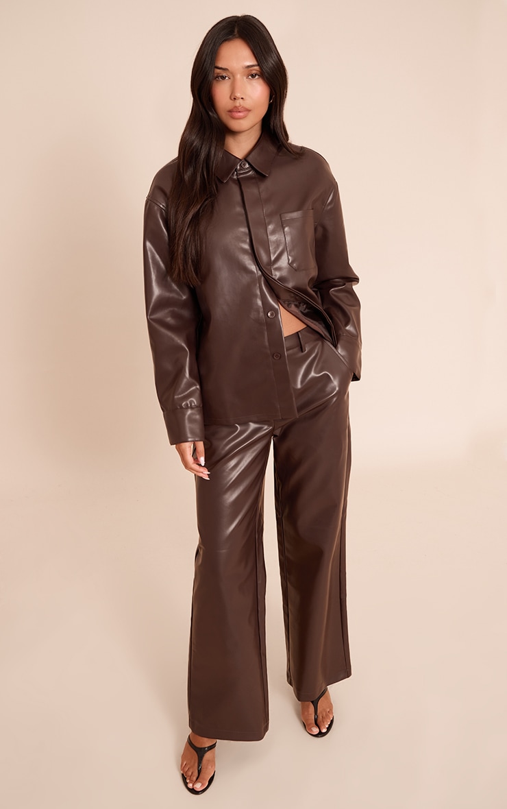 Dark Brown Faux Leather Pocket Detail Shirt image 3