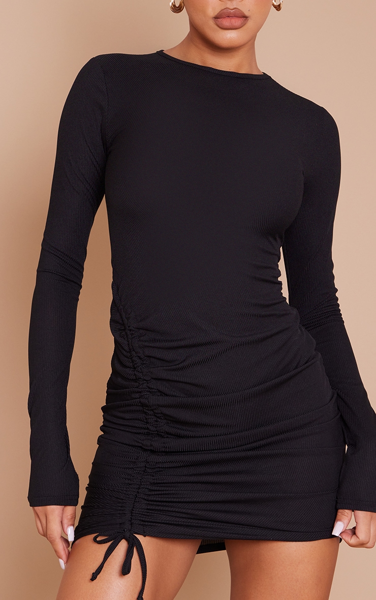 Black Rib Asymmetric Ruching Detail Bodycon Dress image 4