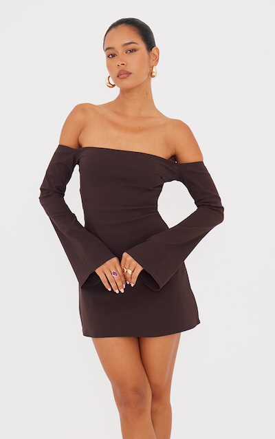 Chocolate Bardot Flared Sleeve Shift Dress